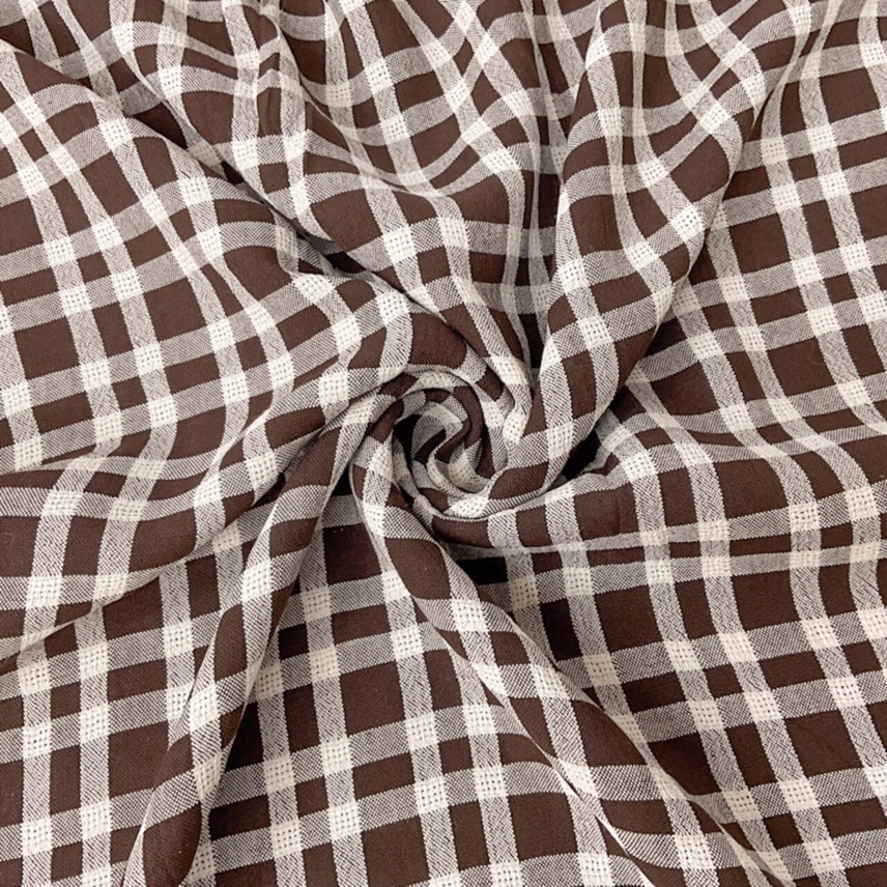 Brown Cotton Plaid-Check Dobby Gauze Woven Fabric By the Yard